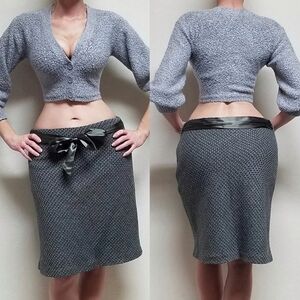 Vintage Old Navy Low Waist Grey Wool Metallic Tweed Satin Tie-Waist Midi Skirt 8